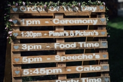 A decor detail shot of a pallet which is being used as a \"order of the day\"